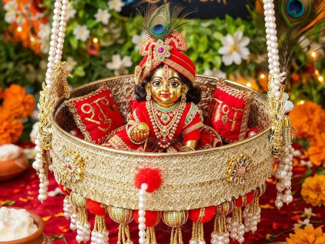 झूले में विराजित लड्डू गोपाल की मूर्तियां लोगों को खूब पसंद आ रही हैं।