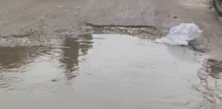 बारिश में सड़क बनी तालाब, गड्ढे से आवागमन में परेशानी:सहतूजोत बाजार से गौर, नहर समेत कई गांवों को जोड़ने वाले मार्ग पर राहगीर परेशान