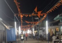 श्रीकृष्ण जन्माष्टमी पर नासिरगंज बाजार रोशनी से जगमगाया:रंग-बिरंगी लाइटों और भगवा ध्वजों से सजाई गईं सड़कें, भक्तों में उत्साह