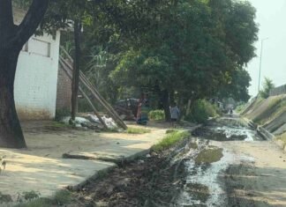 तेनुआ ओवरब्रिज सर्विस लेन पर NHAI की लापरवाही:मरम्मत के नाम पर खोदे गड्ढे, कई महीनों से नहीं हुई ठीक; हादसे और बीमारी का खतरा