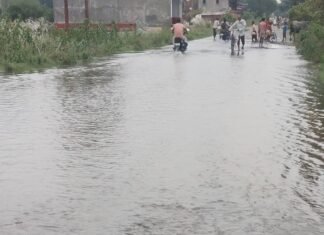 वीरपुर-इकौना मार्ग पर बारिश का पानी, लोगों को परेशानी:रघुवीरपुर के पास सड़क पर दो दिन से पानी, आवाजाही में दिक्कत