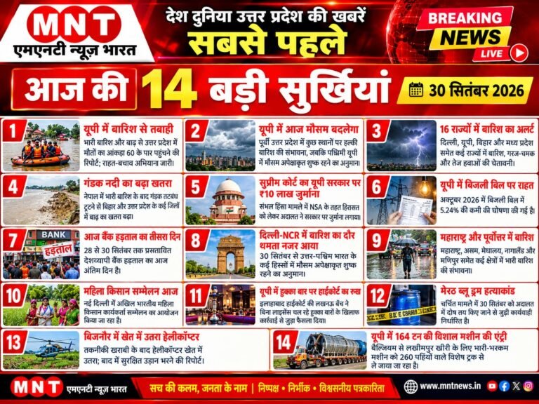 आज की 14 बड़ी सुर्खियां | 30 सितंबर 2026 | MNT न्यूज़ भारत | हर खबर सबसे पहले सच की कलम, जनता के नाम | निष्पक्ष • निर्भीक • विश्वसनीय पत्रकारिता