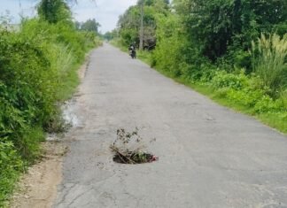 श्रावस्ती के गिलौला-सिसवारा मार्ग पर धंसी सड़क:असवा गांव के पास बीच रास्ते में बना गहरा गड्ढा, हादसे का खतरा