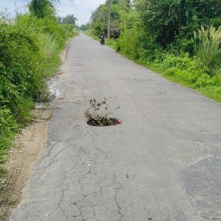 श्रावस्ती के गिलौला-सिसवारा मार्ग पर धंसी सड़क:असवा गांव के पास बीच रास्ते में बना गहरा गड्ढा, हादसे का खतरा