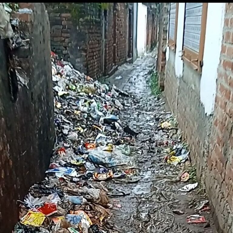नासिरगंज की गली में कचरा जमा:10-15 परिवारों का घर पहुंचने का यही मुख्य रास्ता, स्कूली बच्चों और बुजुर्गों को आने-जाने में परेशानी