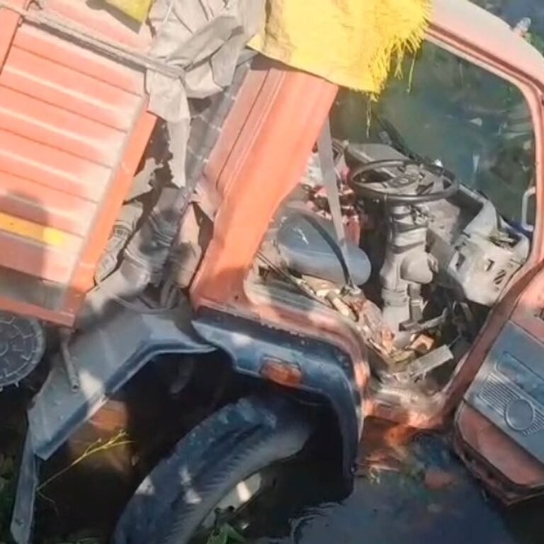 लक्ष्मणपुर चौराहे के पास अनियंत्रित होकर पलटा आईसर ट्रक:चालक बाल-बाल बचा, नींद आने से हुआ हादसा