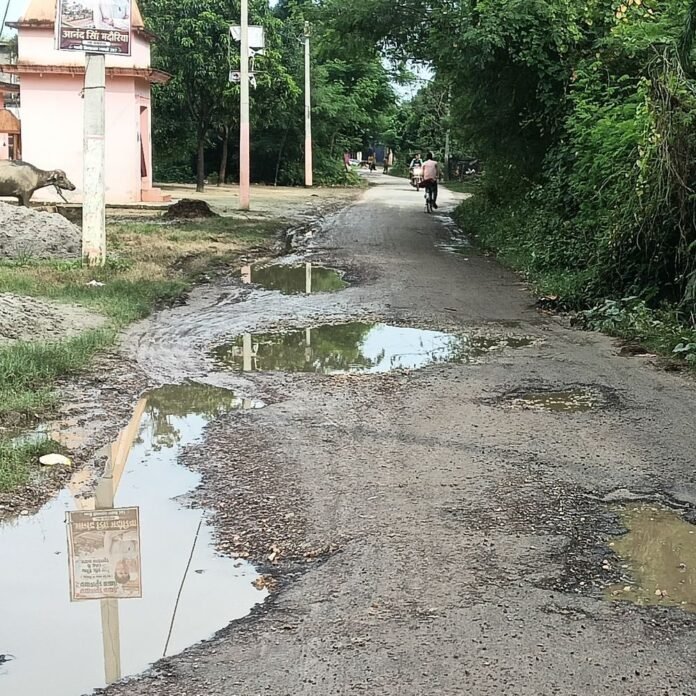 मन्नीटाड़ में सड़क जर्जर से ग्रामीणों को हादसे का डर:कई बार शिकायत के बाद भी सुनवाई नहीं, जलभराव से बढ़ रही परेशानी