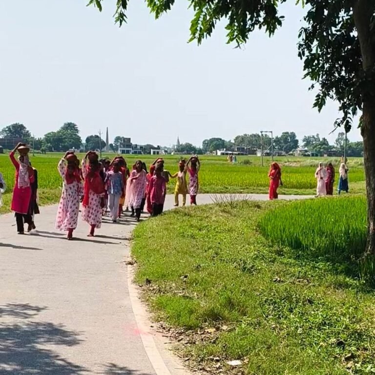 खड़सरी मंदिर से निकली कलश यात्रा:डीजे पर नाचते बच्चों ने लगाए जय माता दी के नारे, मधुबेनिया गांव के नाले से भरा जल