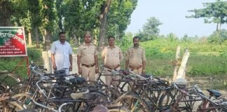 जंगल से जलौनी लकड़ी ले जा रही 18 साइकिल पकड़ीं:श्रावस्ती में तस्कर फरार हुए, देर शाम भिनगा कार्यालय से विभाग ने की कार्रवाई