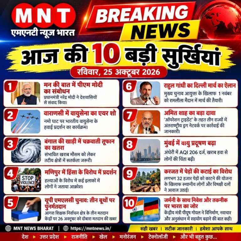 MNT NEWS BHARAT | आज की 10 बड़ी सुर्खियां | रविवार, 25 अक्टूबर 2026