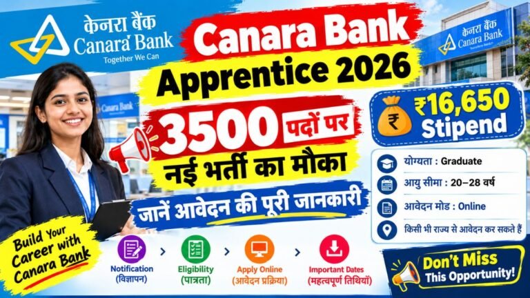 3500 पदों पर नई भर्ती का मौका, ₹16,650 Stipend, जानें आवेदन की पूरी जानकारी Canara Bank Apprentice 2026