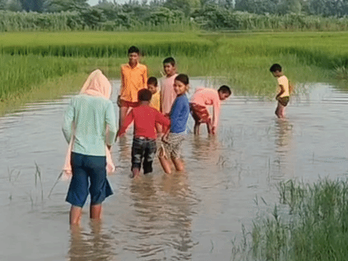 श्रावस्ती में 10 साल से सड़क का इंतजार:बारिश में घुटने तक पानी, बच्चों को कंधे पर बैठाकर स्कूल पहुंचा रहे परिजन